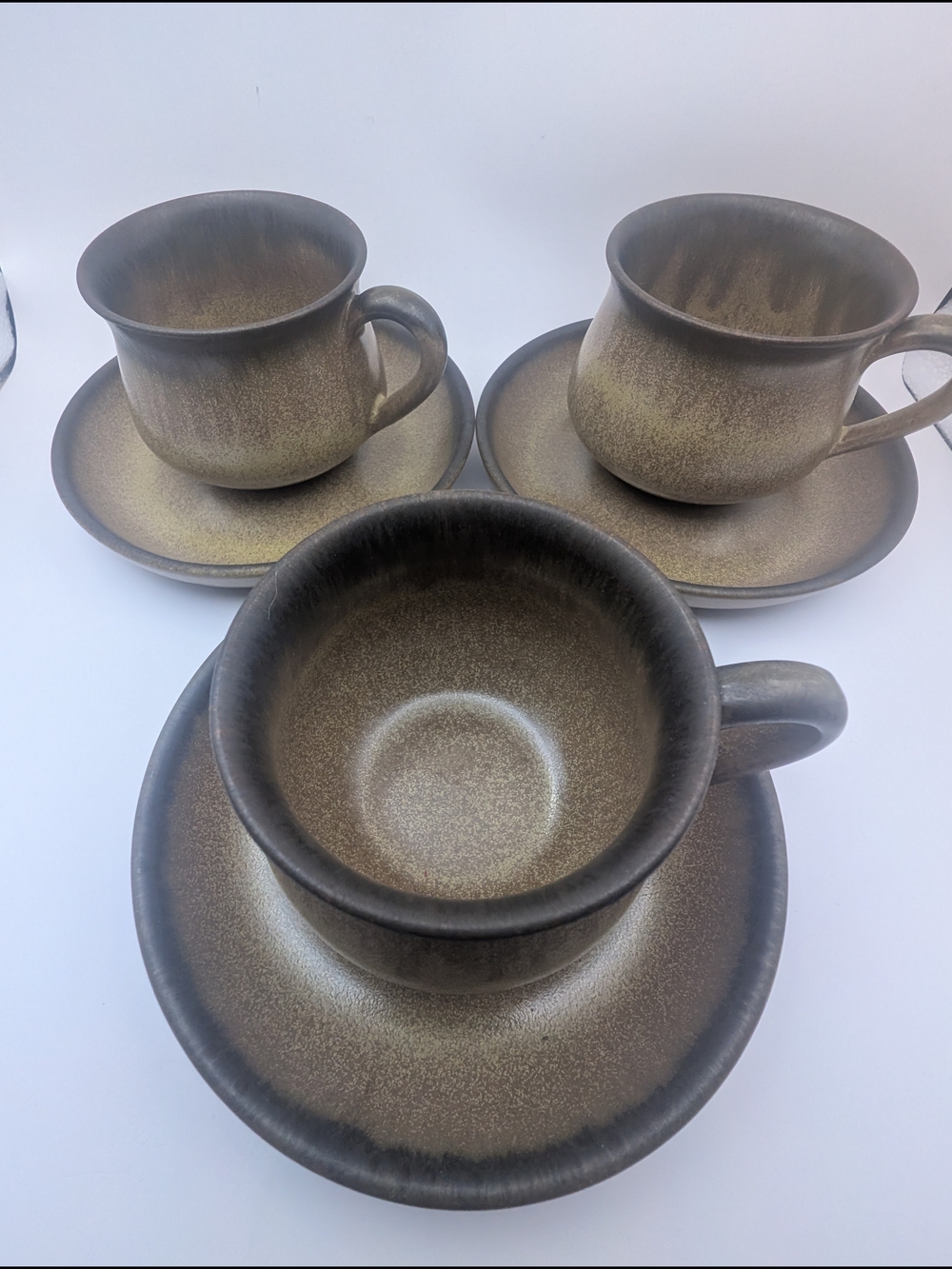 Vintage Denby Langley Stoneware Pottery Romany Brown Tea Cup & Saucer 3 Set